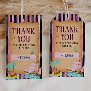Editable Pirate Birthday Party Favor Tag, Pirate Ship Birthday Party Gift Tag, Girls Pink Pirate Birthday Thank You Tag, BB14