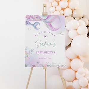 Editable Mermaid Baby Shower Welcome Sign, Printable Under The Sea Baby Shower Welcome Poster, Whimsical Girl Baby Shower Decoration, BBS36