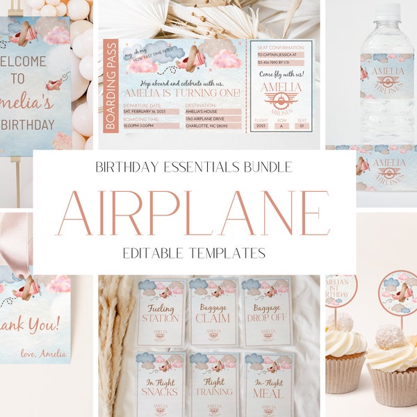 Pink Airplane Birthday Invitation, Party Decoration Bundle (Editable Templates) CLP16