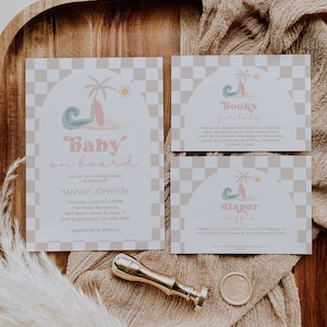 Baby an Bord Mädchen-Babyparty-Einladung, rosa Surf-Strand-Babyparty-Einladungsset, druckbare Retro-Babyparty-Vorlage, BBS80