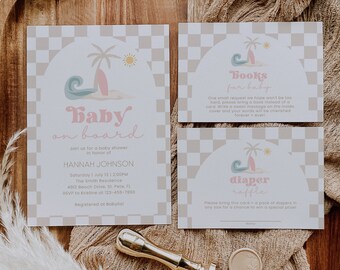 Paquete de invitaciones para baby shower de niña "Bebé a bordo", set de invitaciones para baby shower de playa surfera rosa, plantilla imprimible retro para baby shower, BBS80