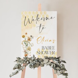 Cartel de bienvenida editable con diseño de abeja para baby shower, póster de bienvenida con diseño de abeja y flores silvestres, baby shower mixto de género neutro, descarga instantánea, CLP8