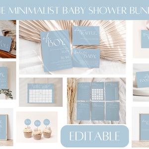May include: A blue and white printable baby shower bundle with editable text. The bundle includes a welcome sign, food labels, a baby bingo card, a diaper raffle sign, and thank you cards. The text on the signs reads "Oh Boy", "Diaper Raffle", "Editable Food Label", and "Thank You".