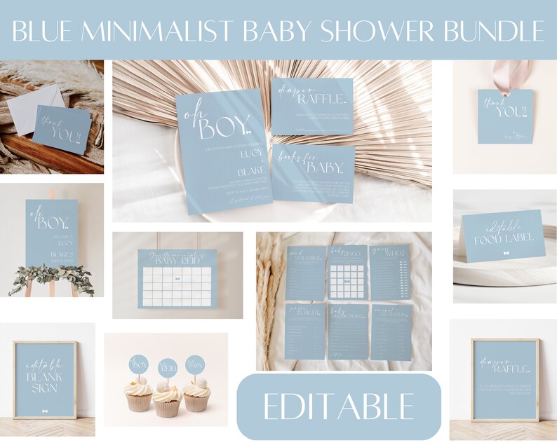 May include: A blue and white printable baby shower bundle with editable text. The bundle includes a welcome sign, food labels, a baby bingo card, a diaper raffle sign, and thank you cards. The text on the signs reads "Oh Boy", "Diaper Raffle", "Editable Food Label", and "Thank You".