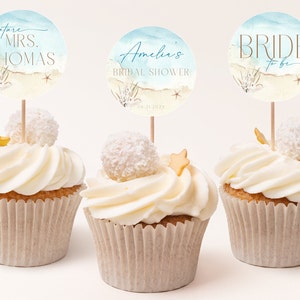 Beach Bridal Shower Cupcake Toppers, Boho Tropical Beach Wedding Shower Decoration, Nautical Ocean Wedding Shower Cupcake Toppers, CLP65