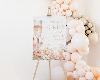 Editable Petals and Prosecco Bridal Shower Welcome Sign, Pink Petals and Prosecco Bridal Shower Decoration Poster, BDS9