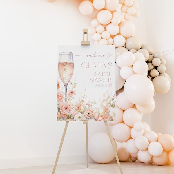 Panneau de bienvenue modifiable pour la douche nuptiale pétales et prosecco, affiche décorative de douche nuptiale pétales roses et prosecco, BDS9