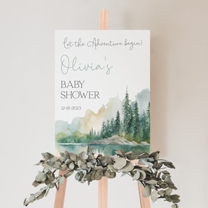 Editable Woodlands Baby Shower Welcome Sign, Mountain Forest Adventure Baby Shower Decoration, Outdoors Rustic Baby Welcome Poster, BBS8