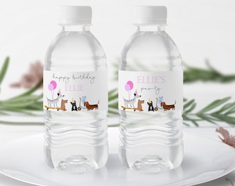 Waterflesetiket meisje verjaardag verjaardag, hond Pawty-decoratie (directe download)