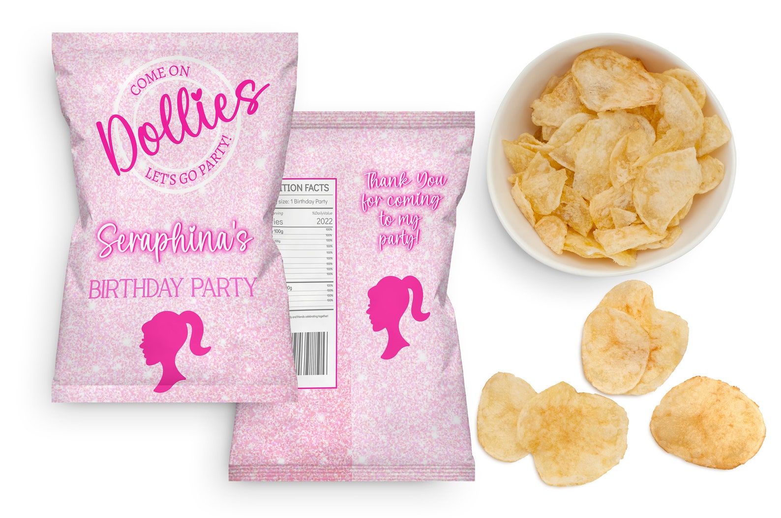 Editable Pink Glitter Doll Birthday Party Chip Bag Wrapper - Etsy