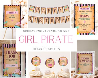 Paquete de invitaciones de cumpleaños editables para niña pirata BB14