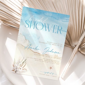Beach Bridal Shower Invitation, Boho Tropical Beach Wedding Shower Invite, Nautical Ocean Wedding Shower Invitation Template, CLP65