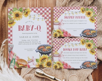 Red Baby Q Invite, Backyard Couples Template Bundle | Plaid | 5X7, Diaper Raffle, Thank You BBS177
