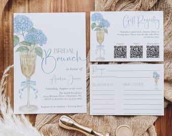 Blue Hydrangea Bridal Shower Invitation Bundle, Floral Champagne Glass Bridal Brunch Invite Set, Digital Wedding Shower Invite, BDS58