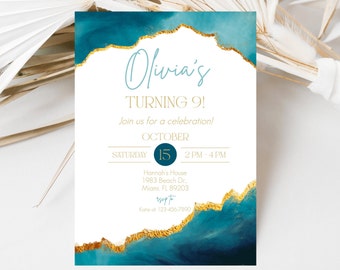 Teal and Gold Birthday Invitation Template, Editable (Digital Download)