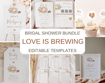Lot d'invitations pour la douche nuptiale café, Love is Brewing Invitation nuptiale de douche + jeux, téléchargement numérique modifiable CORJL BDS56