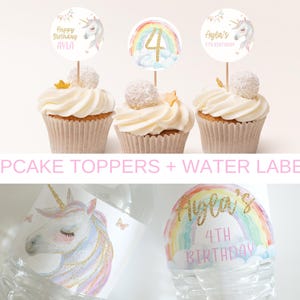 May include: A set of unicorn-themed cupcake toppers and water bottle labels. The toppers feature a rainbow, a unicorn, and the text "Happy Birthday Ayla". The labels feature a rainbow, a unicorn, and the text "Ayla's 4th Birthday".