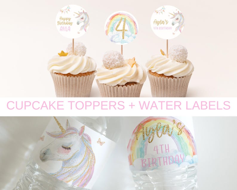 May include: A set of unicorn-themed cupcake toppers and water bottle labels. The toppers feature a rainbow, a unicorn, and the text "Happy Birthday Ayla". The labels feature a rainbow, a unicorn, and the text "Ayla's 4th Birthday".
