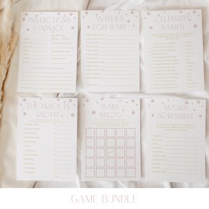 May include: A set of printable baby shower games with a pink and gold color scheme. The games include "Predictions + Advice", "Wishes for Baby", "Celebrity Babies", "The Price is Right", "Baby Bingo", and "Word Scramble".