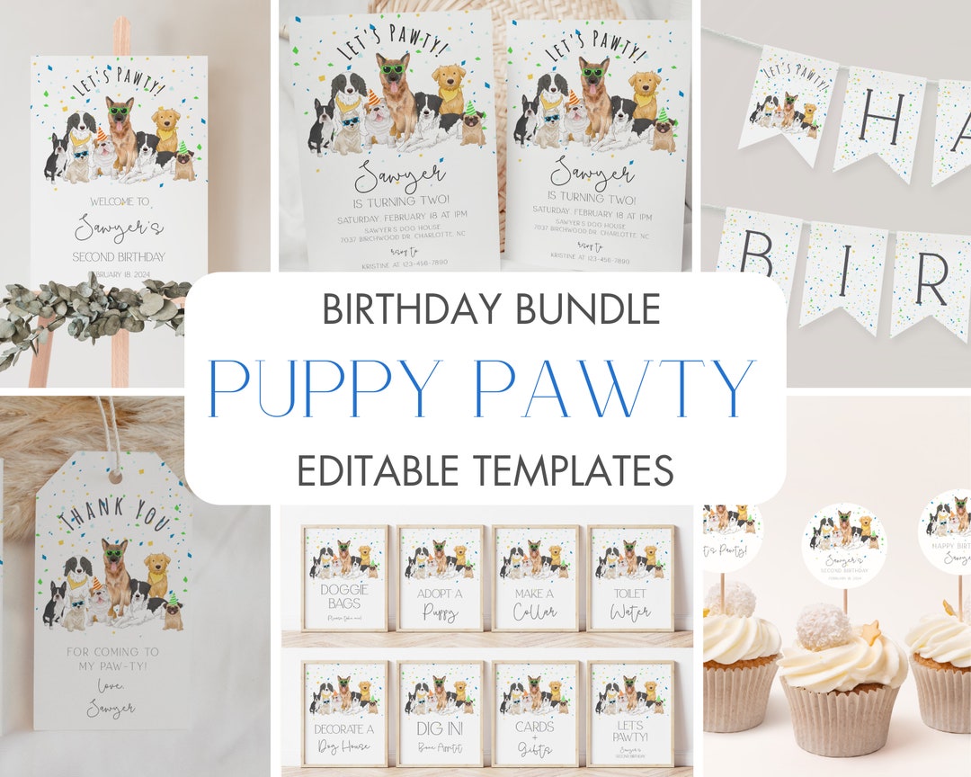 Editable Dog Birthday Invitation + Decoration Bundle, Printable Puppy ...