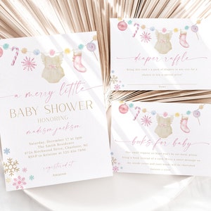 Editable A Merry Little Baby Shower Invitation Set, Pink Christmas Baby Shower Invite Pack,  Winter Holiday Invite Bundle, BBS5