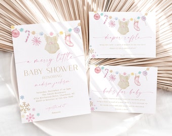 May include: Baby shower stationery set featuring a festive design. The invitation and cards display watercolor illustrations of baby clothes and Christmas decorations. The invitation reads "a merry little BABY SHOWER".