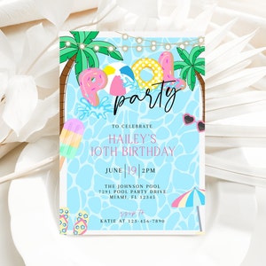 Pool Party Invitation template, Girls Pool Party Birthday Invite, Summer Birthday Invite, Teen Birthday Invite, Instant Download, CLP86