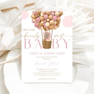 Editable Brown Bear Balloon Baby Shower Invitation, We Can Bearly Wait Baby Shower Invite, Pink Girl Boho Bear Baby Shower, CLP166