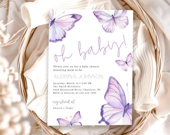 Edytowalne zaproszenie na baby shower z motylem lawendowym, drukowane zaproszenie na baby shower z fioletowym motylem, zaproszenie na motyla liliowego, BBS129