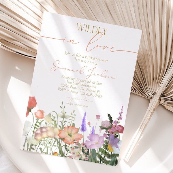 Editable Wildflower Bridal Shower Invitation template, Wildly in Love Bridal Shower Invitation, Instant Download