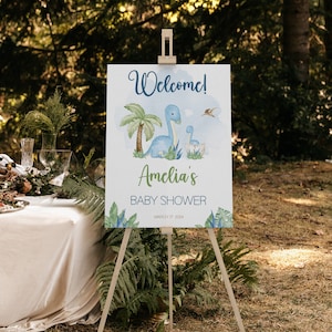 Editable Dinosaur Baby Shower Welcome Sign, Greenery Boho Dinosaur Baby Shower Decoration, Boy Dinosaur Shower Welcome Poster, BBS32