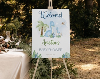Editable Dinosaur Baby Shower Welcome Sign, Greenery (Digital Template) BBS32