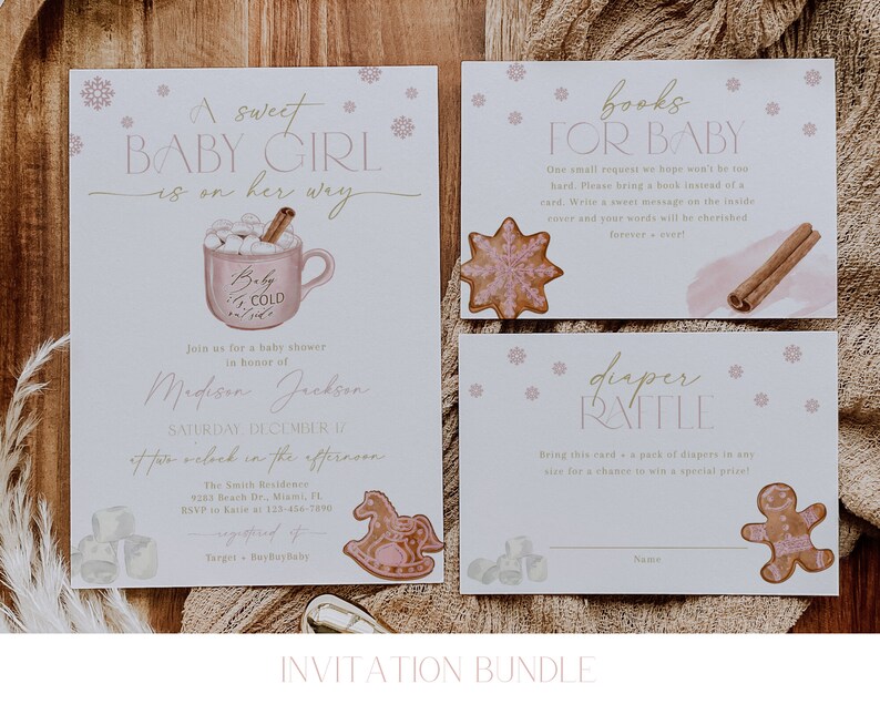 May include: A set of printable baby shower invitations with a winter theme. The invitations feature a pink and white color scheme with illustrations of a mug of hot chocolate, a gingerbread man, a rocking horse, and snowflakes. The text on the invitations reads "A sweet baby girl is on her way", "books for baby", and "diaper raffle".