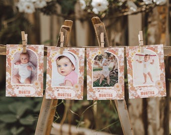 Retro Floral Birthday 12 Month Photo Banner, Groovy Girl First Year Picture Banner, Hippie Preppy Boho Birthday Decoration, CLP230