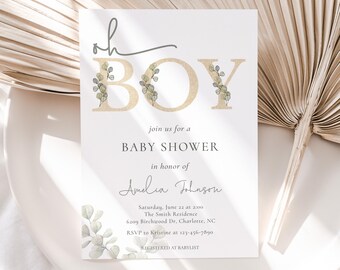 Editable Eucalyptus Baby Shower Invitation, Oh Boy Greenery Baby Shower Invite Template, Green + Gold Baby Shower Invitation, BBS187