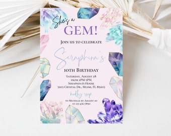 Crystal Gemstone Birthday Invitation, Geode Birthday Invitation, Colorful Crystal Birthday Invite, Geology Party, Instant Download, Editable