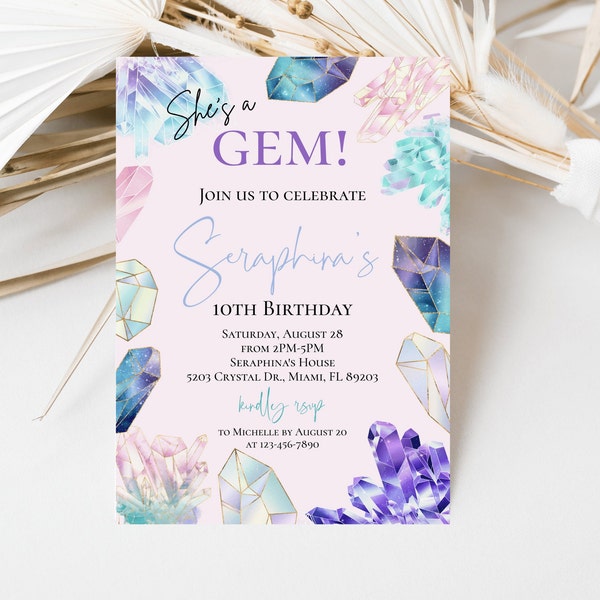 Crystal Gemstone Birthday Invitation, Geode Birthday Invitation, Colorful Crystal Birthday Invite, Geology Party, Instant Download, Editable