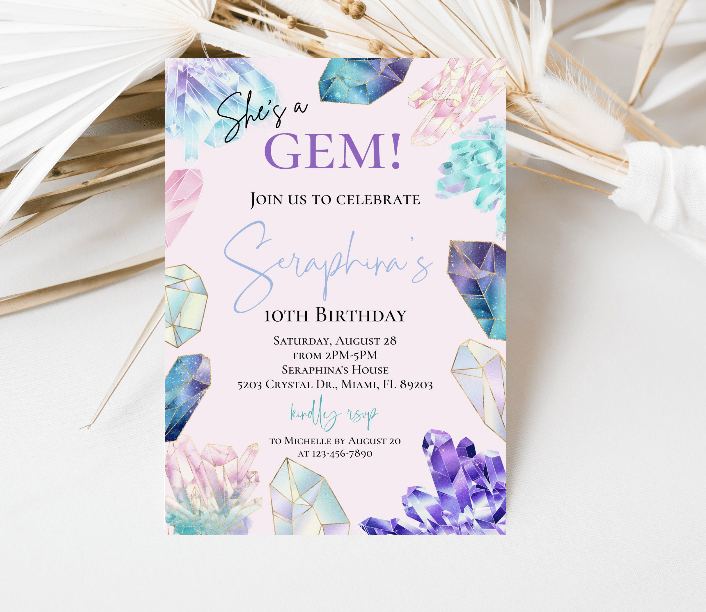 Crystal Gemstone Birthday Invitation, Geode Birthday Invitation, Colorful Crystal Birthday Invite, Geology Party, Instant Download, Editable