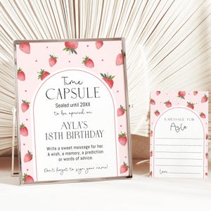 Signe de la capsule témoin du premier anniversaire des petits fruits + carte-réponse, décoration imprimable fraise pour le 1er anniversaire, capsule témoin de la fraise rose, CLP209