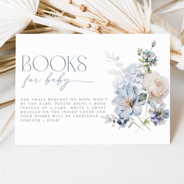 Dusty Blue Watercolor Floral Baby Shower Books For Baby Card, Boy Baby Shower Books For Baby Template, Baby In Bloom theme, CLP67