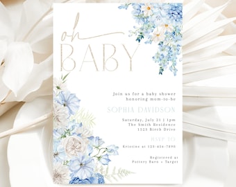 Dusty Blue Floral Baby Shower Invitation (Digital Download) CLP96