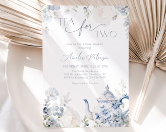 May include: A white invitation with blue watercolour flowers and a teapot. The invitation reads "Tea for Two" and is for a baby shower honouring Amelia Peterson. The shower is on Saturday, March 21 at 2 PM at The Smith Residence, 7102 Birchwood Dr. Charlotte, NC. RSVP to Kristine at 123-456-7890. Registered at Amazon.