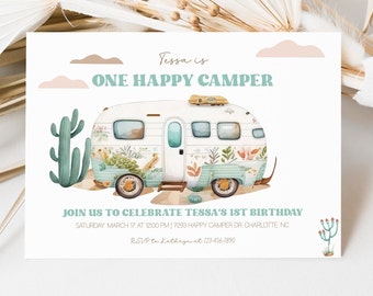 Editable One Happy Camper Birthday Invitation, Girl Camping 1st Birthday Invite, Boho One Happy Camper Invite, Instant Download, CLP35