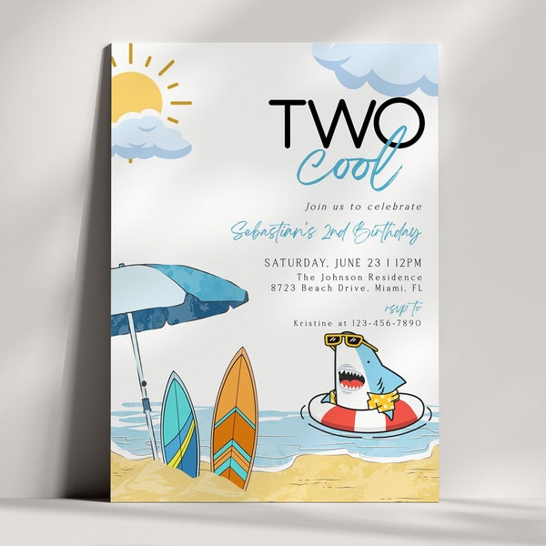 Two Cool Birthday Invitation template, Boys 2nd Birthday Invite, Pool Beach Party Invitation, Summer Birthday Invite, Swim Party, CLP87