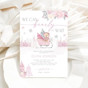 Pink Winter Bear Baby Shower Invitation, We Can Bearly Wait Baby Shower Invite, Girl Baby Shower Invite, CLP156