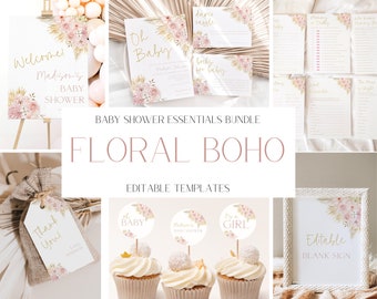 Editable Pink Boho Baby Shower Invitation + Decoration Bundle, Girl Baby Shower Invite Set, Boho Floral Baby Shower Invitation, CLP190