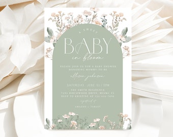 May include: A green and white baby shower invitation with a floral design. The text reads "A Sweet Baby in Bloom" and includes details about the event, including the date, time, and location.