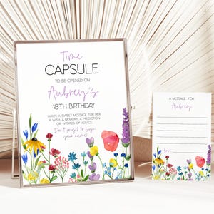 Cartão de resposta editável Wildflower 8x10 Time Capsule 4x6, decoração de primeiro aniversário floral Wildflower, decoração de festa Girl Wild One, CLP122