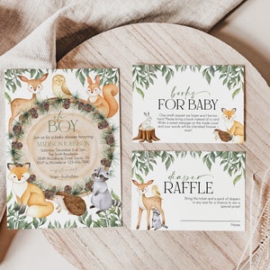Lot d'invitations modifiables pour baby shower des bois, invitation d'animaux sauvages de verdure de la forêt mignon, modèle Corjl imprimable, téléchargement immédiat