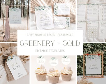 Greenery Gold Baby Shower Invitation Bundle, Eucalyptus (Editable) CLP62